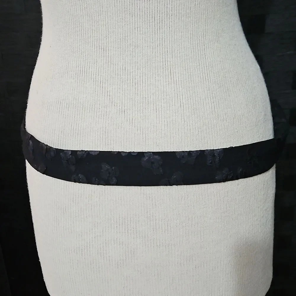 Elegant Black Floral Textured Fabric Belt with Gold Accents
